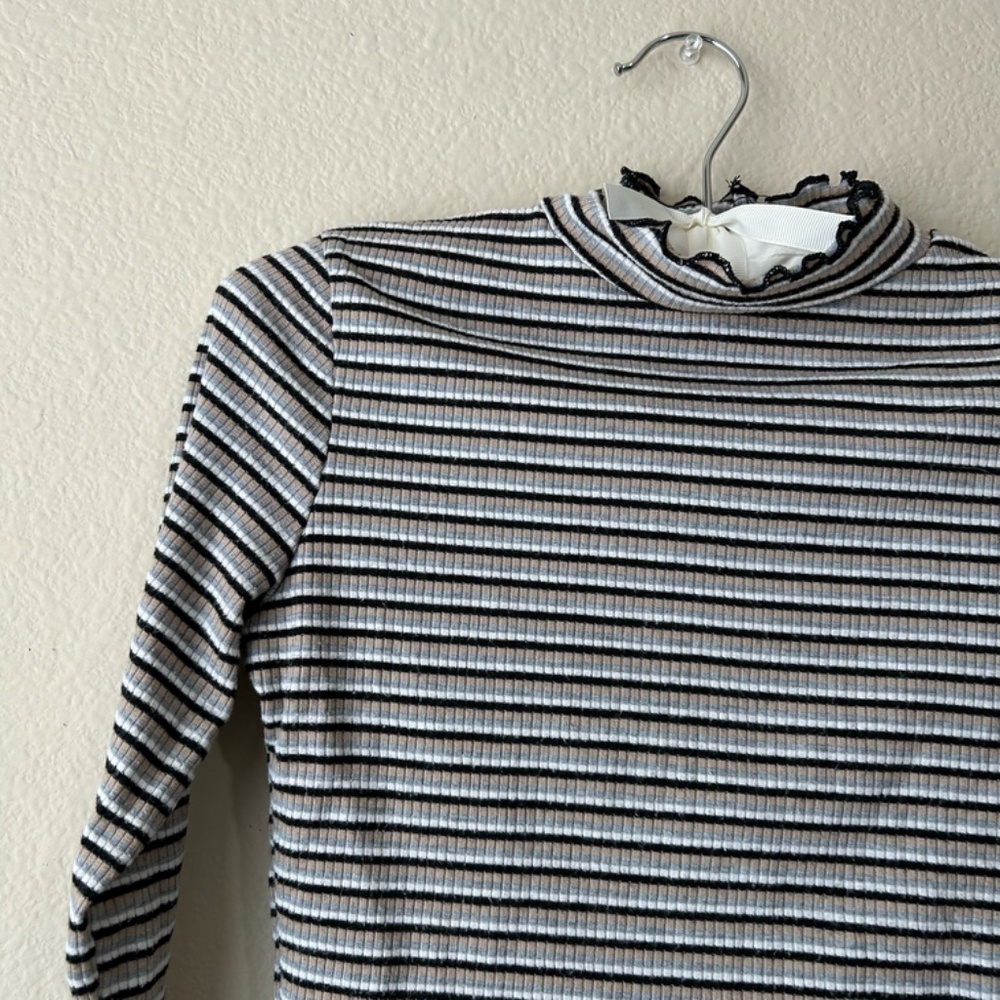 Crop Top Long Sleeve Stripe Tan Black Gray Cream Ruffle Edge by Agaci Size Small - Picture 2 of 12